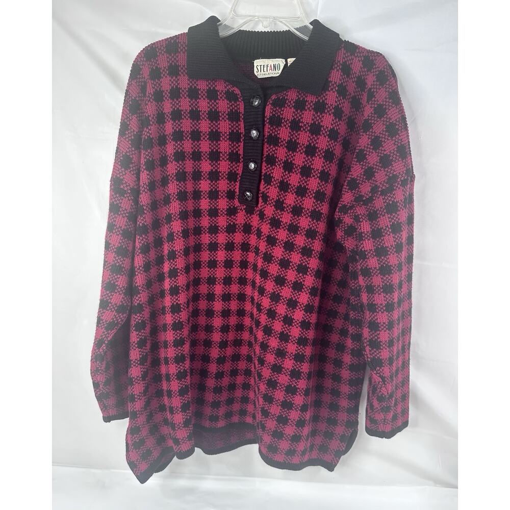 VTG Stefano International Gingham Knit Sweater Collard Retro Red And Black